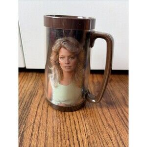 Vintage 1977 Farrah Fawcett Thermo-Serv Insulated Plastic Mug Brown 6.5" USA
